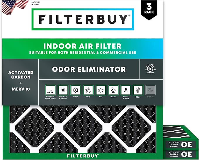 Filterbuy 24x24x1 Air Filter MERV 10 Odor & Allergy Defense with Activated Carbon (3-Pack), Electrostatic Pleated HVAC AC Furnace Filters Replacement, Made in USA (Actual Size: 23.38 x 23.38 x 0.75)