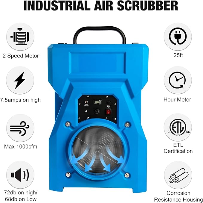 MOUNTO 1000cfm Portable Industrial Air Purifier Negative Air Scrubber - Powerful 1HP Motor, True HEPA Filter, 2-Speed, Handle and wheels 3-Year Warranty