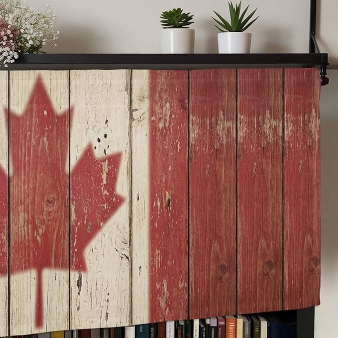 Canada Curtain Valances for Windows, Kitchen Valance Window Treatment, Red Maple Leaf Flag Vintage Farmhouse Wooden Grain Light Filtering Block Curtains for Bathroom/Bedroom/Living Room 42'' x 18''