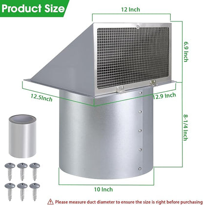 10 Inch Hooded Wall Vent with Screen and Damper,Outdoor Wall Exhaust Vent Cover Cap for Kitchen Range Hood HVAC Duct Dryer Ventilation&Outside Exterior Mount,Galvanized Steel,Gray