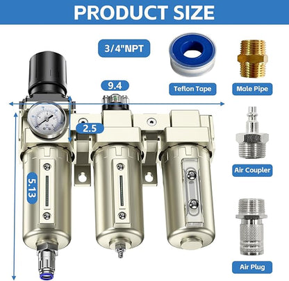 3/4" NPT 3 Stage Air Drying System,Heavy Duty Industrial Grade Air Compressor Water Separator System,Filter Oil Water Separator Dryer for Plasma Cutter and Paint Spray,0-240 PSI,Auto Drain