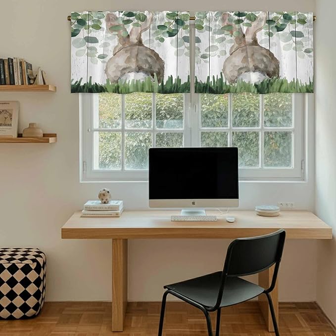 Easter Tier Curtains, Country Rabbit Botanical Leaves Wooden Grain Light Filtering Kitchen Curtains, 2Pcs Rod Pocket Half Window Treatments Panels for Sink Cafe Cabinet Camper 27.5x24 Inches