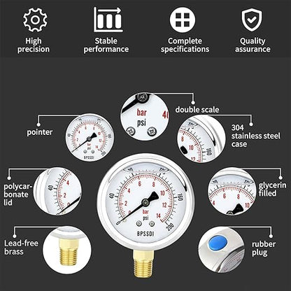 0-200 Psi Glycerin Liquid Filled Low Pressure Gauge, 2.5" Dial Size, 1/4" G Lower Mount, 304 Stainless Steel Case, for Water Pipe, HVAC, Water Oil Air Pressure Test