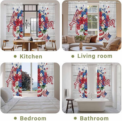 Independence Day Window Curtains 72 Inch Long 2 Panel Set, Rod Pocket Long Curtains & Drapes, 4 of July Rose Wooden Grain Vintage Light Filtering Window Treatment for Bedroom Living Room 52"W x 72"L