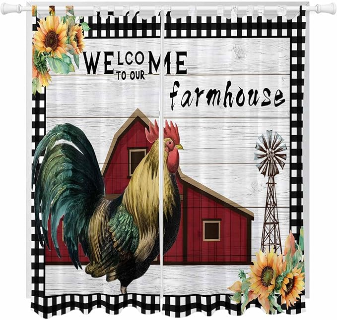 Farmhouse Rooster Living Room Curtains 96 Inch Length, Window Curtains Tab Top, Rustic Red Barn Windmill Sunflowers Light Filtering Window Treatments Drapes 52"x96" 2 Panel