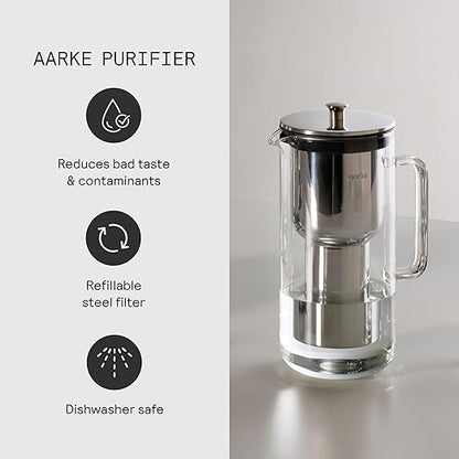 Aarke Purifier Regular 1.18L Glass Pitcher Bundle w/Steel Filter, BPA-Free, 3 Enriched + 1 Pure Granules - Filters & Adds Minerals