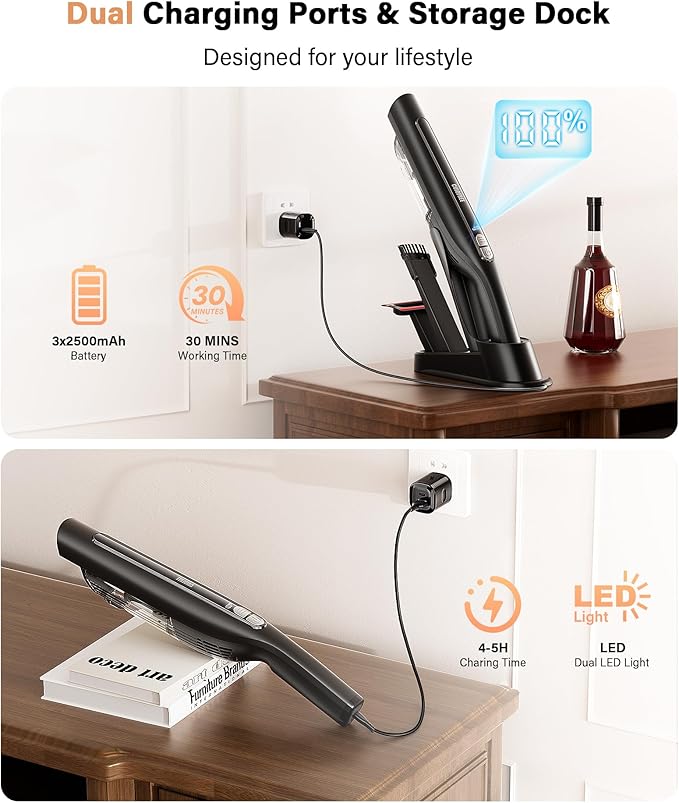 Handheld Vacuum Cordless,24KPA High Power Car Vacuum with Brushless Motor,LED Light,Charging Dock,Rechargeable Hand Held Vacuum Cleaner with Reusable Filter for Car,Home,Office,Pet Pair,Bk