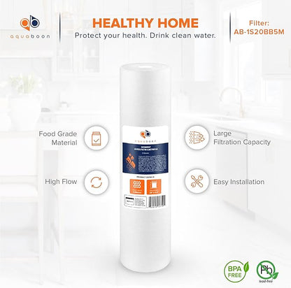 Aquaboon 5 Micron 20 x 4.5 Sediment, Anti-Scale, Carbon Water Filters Cartridges for 3-Stage Whole House Water Filtration System Replacement Set