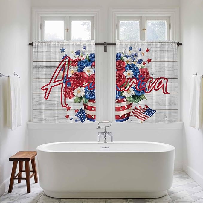 Independence Day Kitchen Curtains 54 Inch Long 2 Panel Set, Rod Pocket Window Curtains Panels, 4 of July Rose Wooden Grain Vintage Light Filtering Drapery Draperies for Bathroom Bedroom 52"W x 54"L