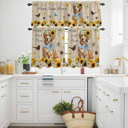 Kitchen Curtains Tiers and Valance Set of 3, Sunflowers Dog Light Filtering Window Curtain Set, Spring Watercolor Floral Stars on Linen Rod Pocket Curtain Drapes for Cafe, Living Room, 24 Inches Tiers