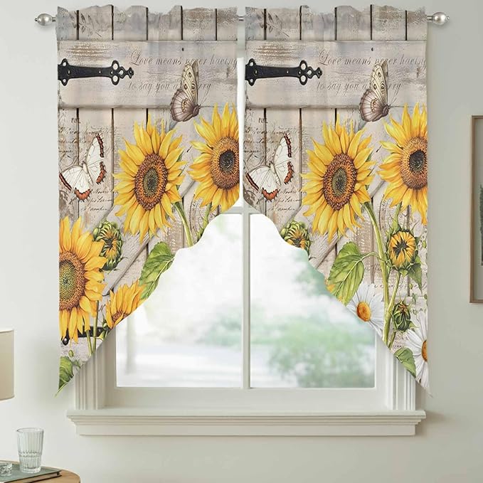 Farm Flowers Swag Valances for Windows, Retro Sunflowers Barn Doors Butterfly Wood Board Rod Pocket Kitchen Curtains Valance, Small Window Curtains Swag for Cafe Living Room, 2 Panels, 36x36 inch