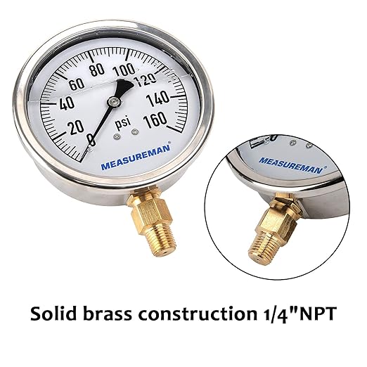 MEASUREMAN 4" Dial Size, Glycerin Filled Plumbing Pressure Gauge, 0-160psi, Stainless Steel Case, 1/4" NPT Lower Mount