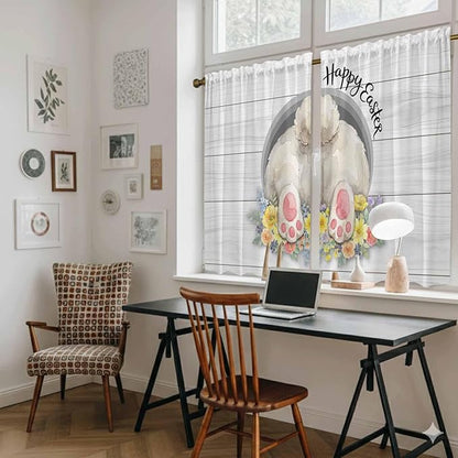 Easter Bunny Kitchen Tier Curtains 45 Inch Long 2 Panel Set,Rod Pocket Short Window Treatment,3D Optical Illusion Farmhouse Flower Wood Grain Light Filtering Curtains & Drapes 27.5"W x 45"L