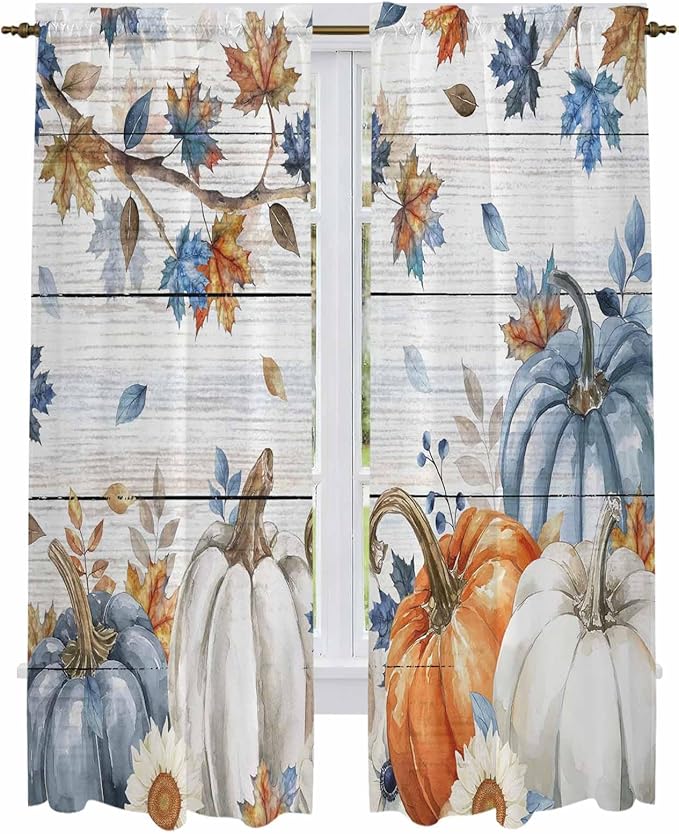 Thanksgiving Pumpkin Window Curtains 72 Inch Long 2 Panel Set,Rod Pocket Long Curtains & Drapes,Fall Maple Leaf Daisy Wooden Grain Light Filtering Window Treatment for Bedroom Living Room 52"W x 72"L