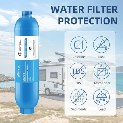 RV Water Filter, NSF Certified Camper Water Filter For RV Garden, Camping Must Haves For Reduces Chlorine, Bad Taste, Odor, Inline Hose Filter with 1 Flexible Hose Protectors, Pack of 2