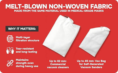 Dust Collection Bag (Large, 3-Pack) Shop Vac–Ready Vacuum Bags with High-Efficiency Filter Media, Easy Swap, Exclusive One-Hand Quick-Release Strap, Shop Vac Hose Fits up to 62mm