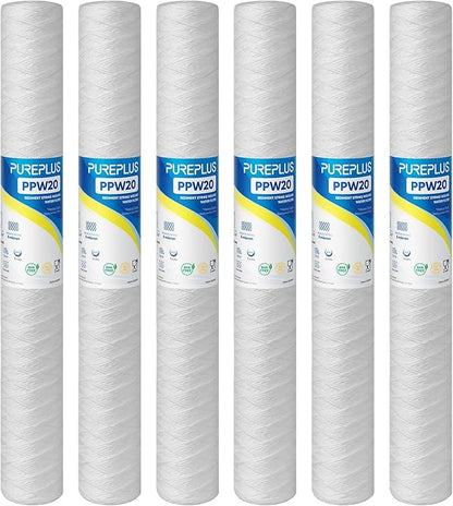 PUREPLUS 5 Micron 2.5" x 20" Whole House String Wound Sediment Filter for Well Water, Replacement Cartridge for Aqua Pure AP110-2C, Pentek P1-20/SP-P1-20/PX01-20, Watts FPMB5-20, WPP-F20-5, 6Pack