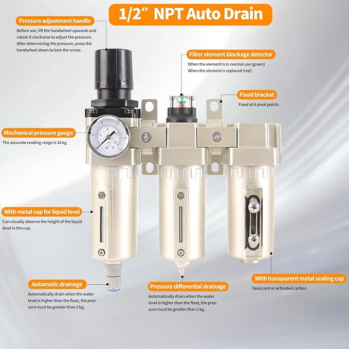 1/2" NPT Industrial Grade 3 Stage Air Compressor Drying System, 0-240 PSI, Particulate & Coalescing Filters, Auto Drain Air Compressor Water Separator System Filter Oil for Paint Spray＆ Plasma Cutter