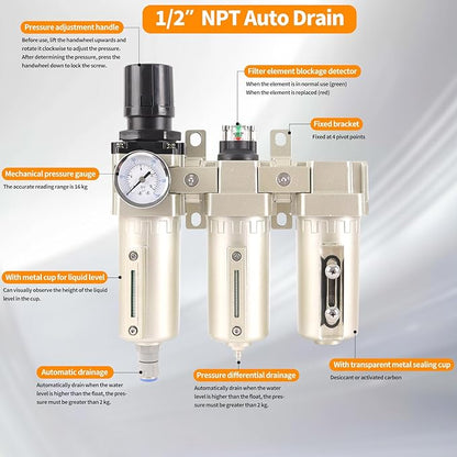 1/2" NPT Industrial Grade 3 Stage Air Compressor Drying System, 0-240 PSI, Particulate & Coalescing Filters, Auto Drain Air Compressor Water Separator System Filter Oil for Paint Spray＆ Plasma Cutter
