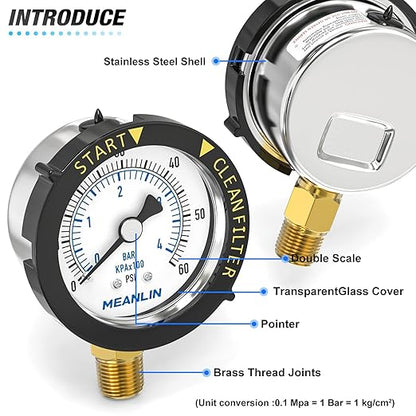 MEANLIN MEASURE 0~60Psi Stainless Steel Start and Clean Filter Pressure Gauge 1/4" NPT 2"FACE DIAL Waterproof for Pool Filter Pump Swimming Pool, spa, Aquarium Lower Mount with Rotatable Plastic Frame