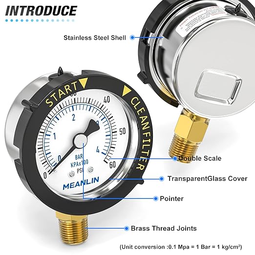 MEANLIN MEASURE 0~60Psi Stainless Steel Start and Clean Filter Pressure Gauge 1/4" NPT Waterproof for Pool Filter Pump Swimming Pool, Spa Lower Mount with Rotatable Plastic Frame and Hex Bushing