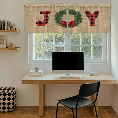 Red Green Christmas Kitchen Tier Curtains 24 Inch Long 2 Panel Set,Rod Pocket Cafe Small Window Curtains Over Sink,Xmas Botanical Winter Farmhouse Short Drapes for Bathroom Cabinet 27.5"W x 24"L
