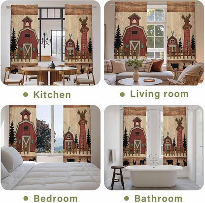 Brown Farmhouse Kitchen Curtains, Vintage Country Animals Wooden Grain Light Filtering Window Curtain Panels, 2Pcs Rod Pocket Window Treatments Set for Living Room Bathroom Bedroom 52x72 Inches