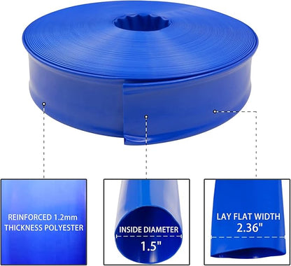 Poolvio 1-1/2" x 100' Professional Blue Backwash Hose with Clamps, General Purpose Reinforced PVC Lay-Flat Water Discharge Hose,for Use While Back-Washing Filters and Draining Pools
