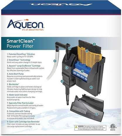 Aqueon SmartClean Power Filter with EcoRenew Filter Cartridge, Quick and Easy Water Changes, Quiet Operation, Adjustable Flow, for 20-30 Gallon Freshwater and Saltwater Aquariums, Large