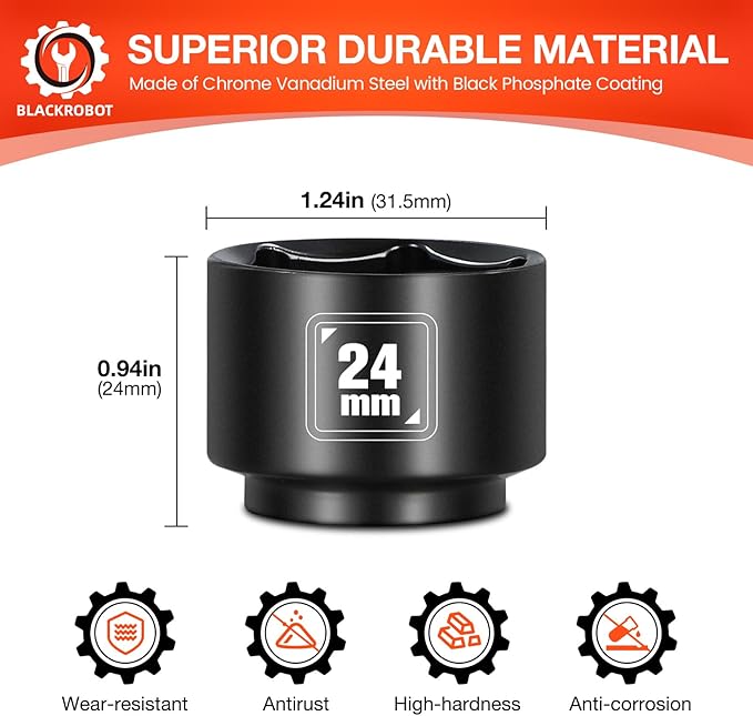 BLACKROBOT 24mm Low Profile Oil Filter Socket, 3/8" Drive 6-Point Oil Filter Cap Remover and Installer Tool, Chrome Vanadium Steel