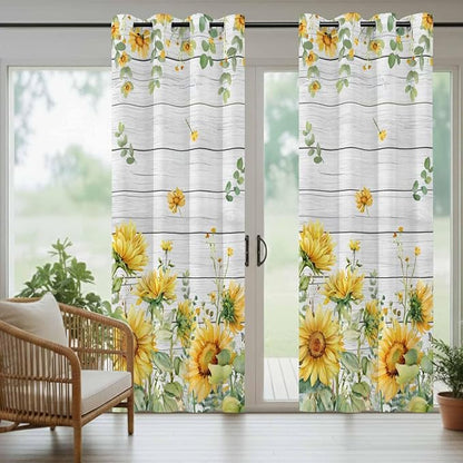 Sunflowers Outdoor Curtains for Patio Summer Floral Eucalyptus Leaf Wood Plank Waterproof Outside Curtains with Grommet Top Weatherproof Curtain for Cabana Pergola Gazebo, 1 Panel, 54" W x 84" L