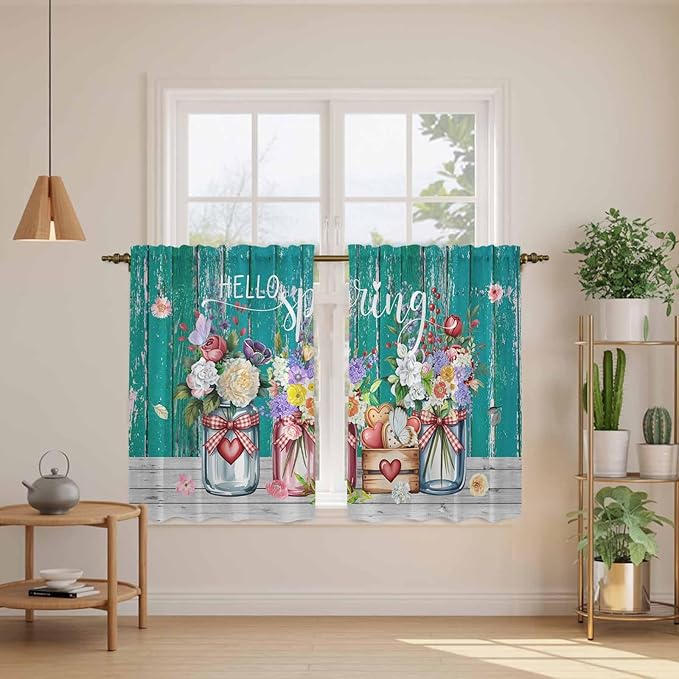 Spring Flowers Kitchen Curtains, Farmhouse Watercolor Teal Wood Grain Light Filtering Window Curtain Panels, 2Pcs Rod Pocket Window Treatments Set for Cabin Bathroom Bedroom 52x45 Inches