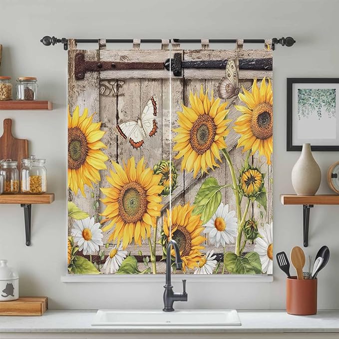 Farmhouse Sunflowers Bathroom Curtains 63 Inch Length, Window Curtains Tab Top, Rustic Barn Doors Flowers Butterfly Wooden Light Filtering Window Treatments Drapes 52"x63" 2 Panel