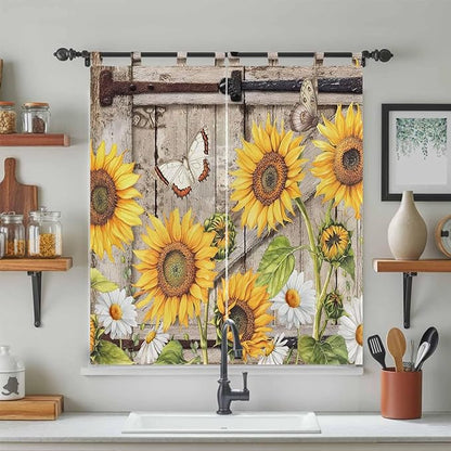 Farmhouse Sunflowers Bedroom Curtains 72 Inch Length, Window Curtains Tab Top, Rustic Barn Doors Flowers Butterfly Wooden Light Filtering Window Treatments Drapes 52"x72" 2 Panel