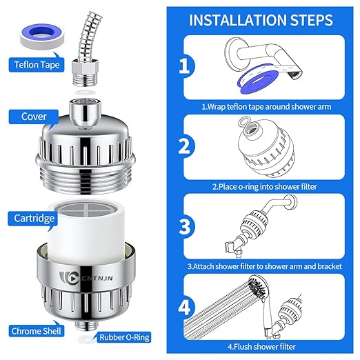 Shower Head Filter for Hard Water to Remove Chlorine Reduces Dry Itchy Skin,Shower Filters with High Output Showerhead Cartridges(Chrome)