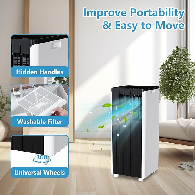 Portable AC Unit with 8000 BTU Cooling, Remote Control & 24-Hour Programmable Timer, Low-Noise Design for Rooms Up to 350 Sq.Ft, Ideal for Dorm or Office Use, Black and White Design