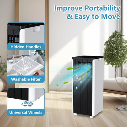 Portable AC Unit with 8000 BTU Cooling, Remote Control & 24-Hour Programmable Timer, Low-Noise Design for Rooms Up to 350 Sq.Ft, Ideal for Dorm or Office Use, Black and White Design