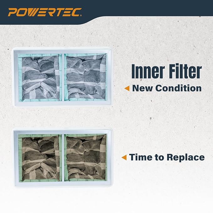 POWERTEC 1 Micron Activated Carbon Inner Air Filters for WEN 3410, POWERTEC AF4000/AF4001 & Shop Fox W1830 Air Filtration Systems for Workshop and Garage, Replacement for WEN AF916C, 2PK (75112-P2)
