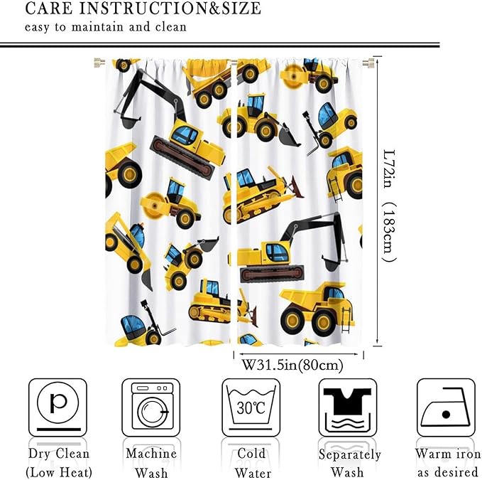 Kids Construction Equipment Window Curtains, Excavator Tractor Tow Truck Rod Pocket Decorative Windows Curtain for Children Teens Boys Girls Room Decor 63x72in (30% Blackout)