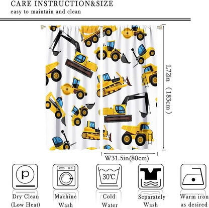 Kids Construction Equipment Window Curtains, Excavator Tractor Tow Truck Rod Pocket Decorative Windows Curtain for Children Teens Boys Girls Room Decor 63x72in (30% Blackout)