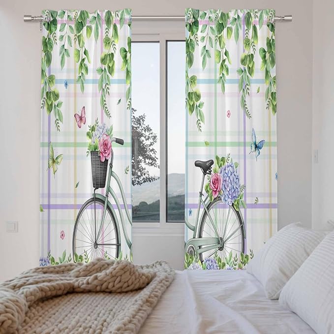 Spring Kitchen Curtains, Bicycles Botanical Leaves Rose Colorful Stripes Light Filtering Window Curtain Panels, 2Pcs Rod Pocket Window Treatments Set for Living Room Bathroom Bedroom 52x72 Inches