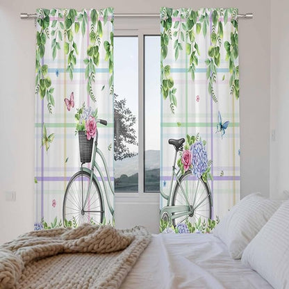 Spring Kitchen Curtains, Bicycles Botanical Leaves Rose Colorful Stripes Light Filtering Window Curtain Panels, 2Pcs Rod Pocket Window Treatments Set for Living Room Bathroom Bedroom 52x72 Inches
