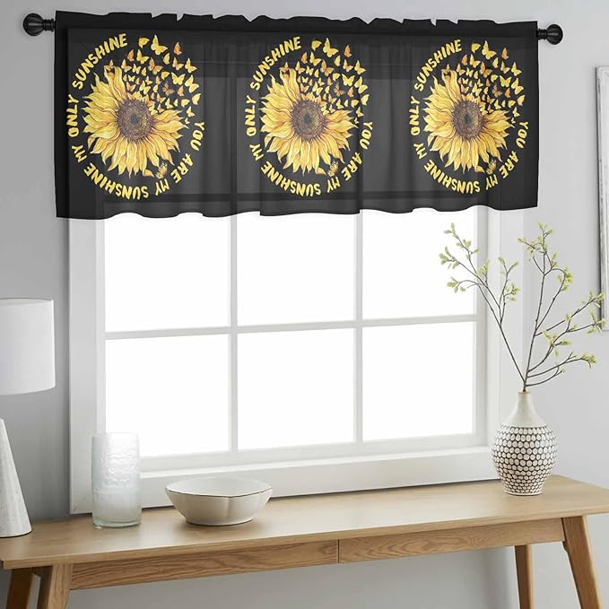 YOU ARE MY SUNSHINE Sheer Valance Curtains, Summer Sunflowers Golden Gradient Butterflies Light Filtering Kitchen Valances Rod Pocket Voile Curtain Treatment for Bedroom/Living Room/Basement 60Wx18L