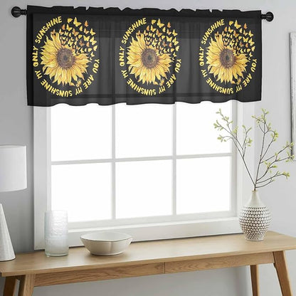 YOU ARE MY SUNSHINE Sheer Valance Curtains, Summer Sunflowers Golden Gradient Butterflies Light Filtering Kitchen Valances Rod Pocket Voile Curtain Treatment for Bedroom/Living Room/Basement 42Wx12L