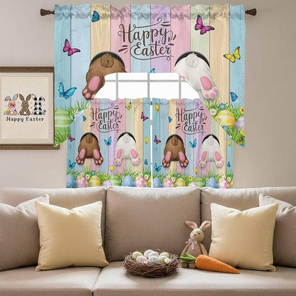 Swag Valance Curtains, Happy Easter Rabbit Butt Egg on Daisy Leaf Rod Pocket Valances Swag Topper for Kitchen Windows, Bufferfly on Wood Barn Light Filtering Short Curtain for Bedroom Bathroom 56x36In