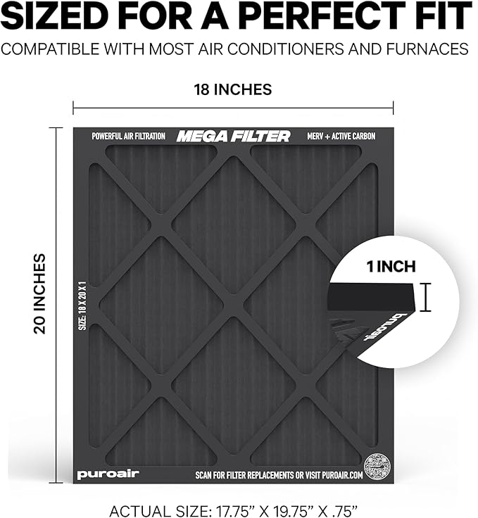 PuroAir MegaFilter - 18x20x1 Air Filter MERV 13 Activated CarbonTech Defense - Heavy Duty 3 Layer Furnace Filters Allergens, Pollen, Dust, Pet Dander, Smoke, Odors - HVAC Air Filter 18x20x1 (1-Pack)