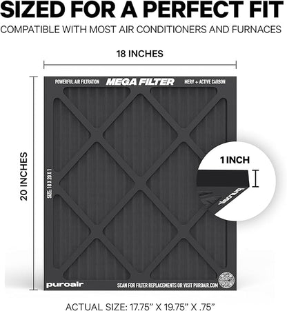 PuroAir MegaFilter - 18x20x1 Air Filter MERV 13 Activated CarbonTech Defense - Heavy Duty 3 Layer Furnace Filters Allergens, Pollen, Dust, Pet Dander, Smoke, Odors - HVAC Air Filter 18x20x1 (1-Pack)