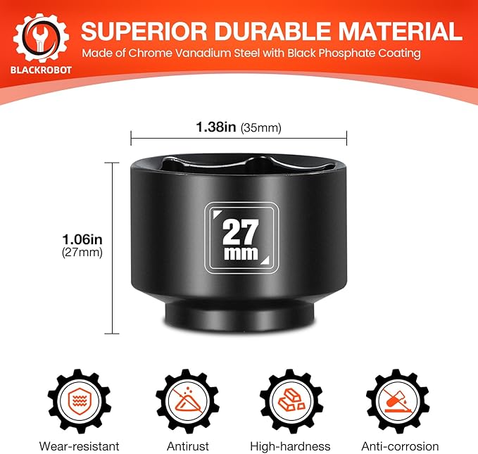 BLACKROBOT 27mm Low Profile Oil Filter Socket, 3/8" Drive 6-Point Oil Filter Cap Remover and Installer Tool, Chrome Vanadium Steel