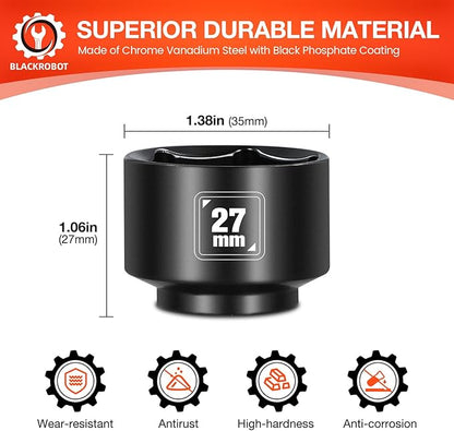 BLACKROBOT 27mm Low Profile Oil Filter Socket, 3/8" Drive 6-Point Oil Filter Cap Remover and Installer Tool, Chrome Vanadium Steel