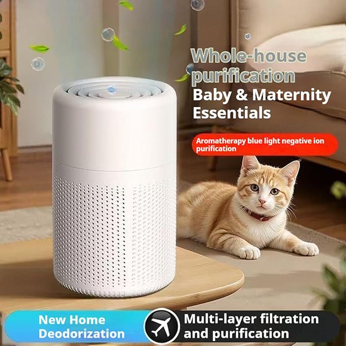 Filter Portable Purifier for home with USB Type C Cable，portabilitysmall air purifier，3-Stage Filtration System and Quiet Air Cleaner With Night Light，for Smokers Pollen Pets Dust Office，Aromatherapy